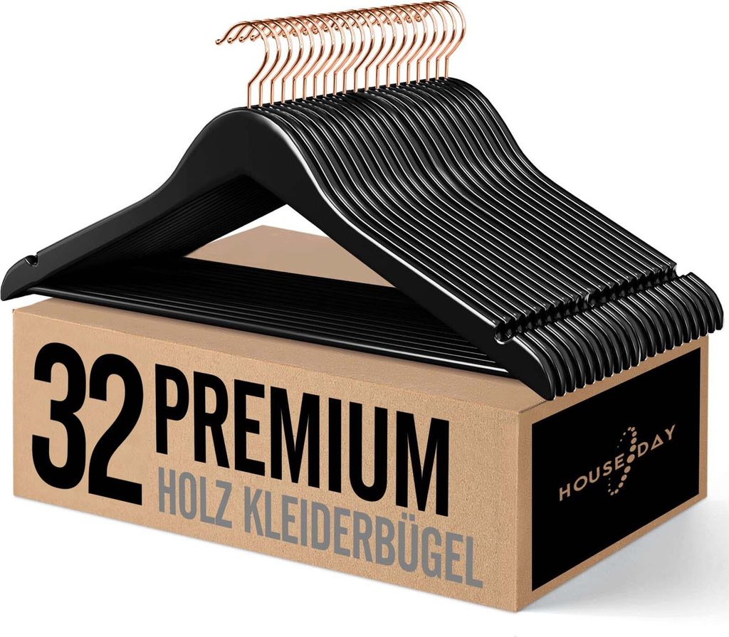 HOUSE DAY Kleiderbügel Holz, 32er Holzkleiderbügel, Kleiderbügel schwarz für Anzüge, 360° drehbarer Haken in Roségold, rutschfest, Einkerbun...
