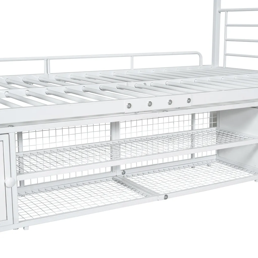 Lit superposé blanc en métal avec barrière anti-chute et armoire 2 portes - 10