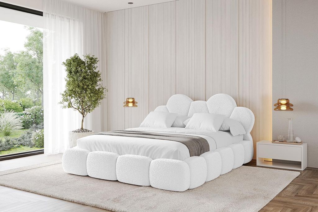 ALTDECOR Polsterbett mit Bettkasten - LANA 200x200 Weiß - Bett mit Matratze H3/H4, Kopfteil, Boxbett, Doppelbett mit Stauraum