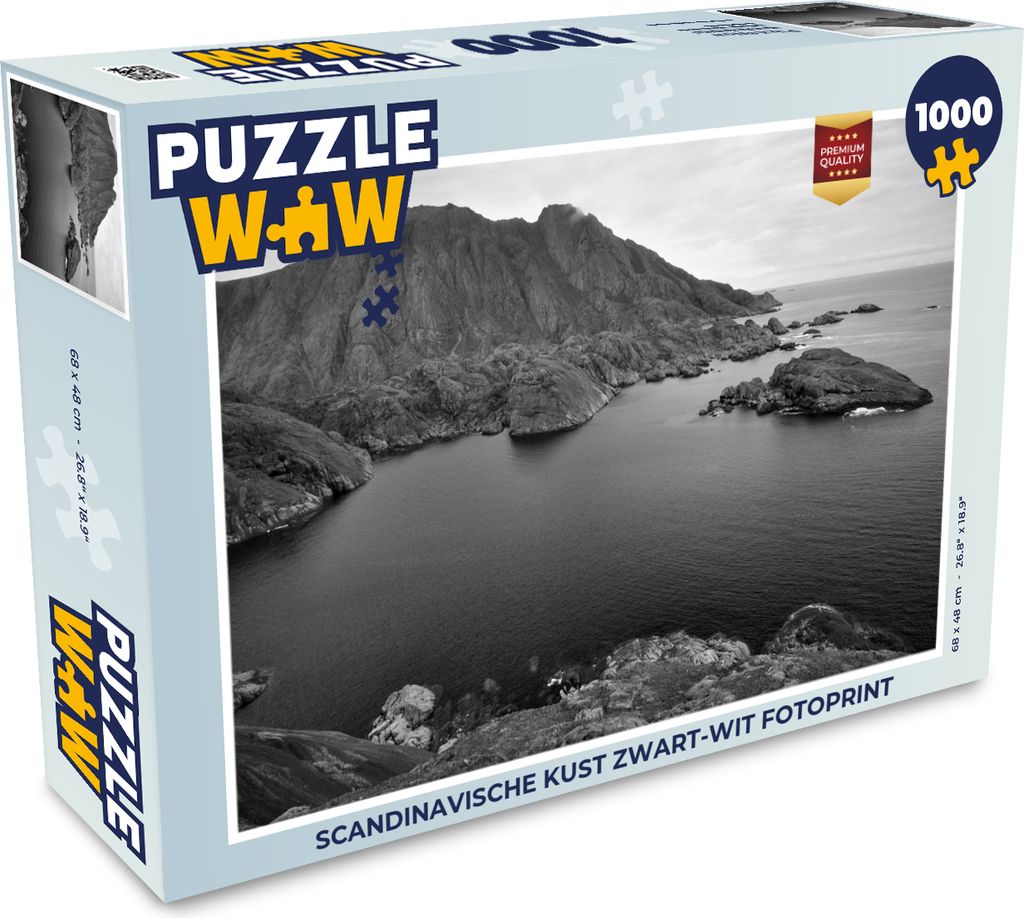 MuchoWow Puzzle 1000 Teile Skandinavische Küste schwarz-weiß Fotodruck - Erwachsene - Rätsel
