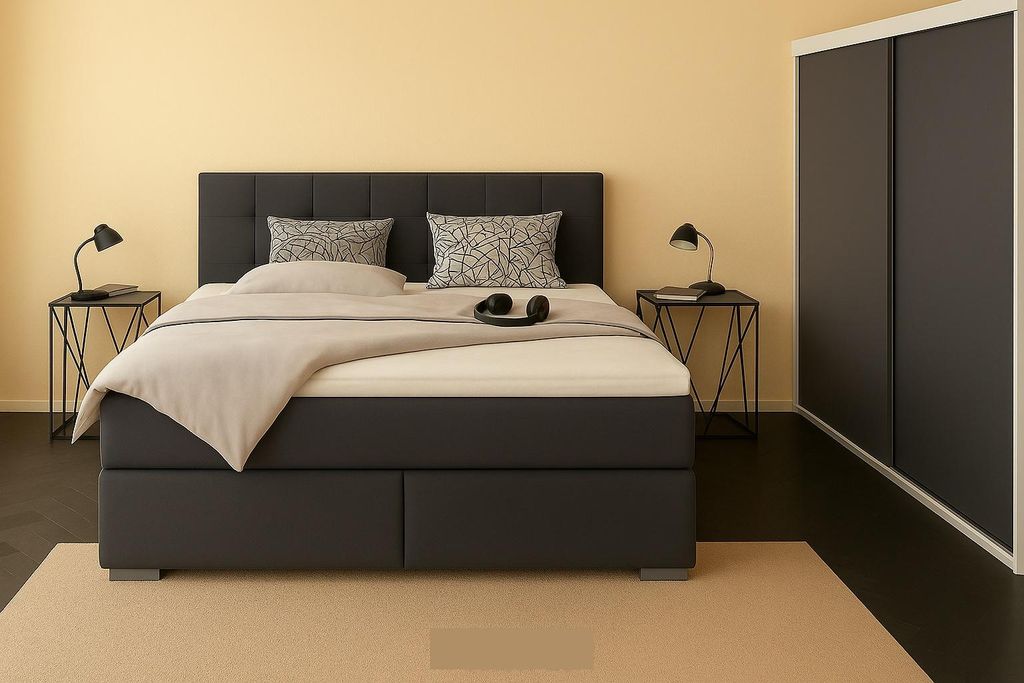 Boxspringbett TOM 180 x 200 cm mit Matratze und gepolstertem Kopfteil. Farbe: Anthrazit