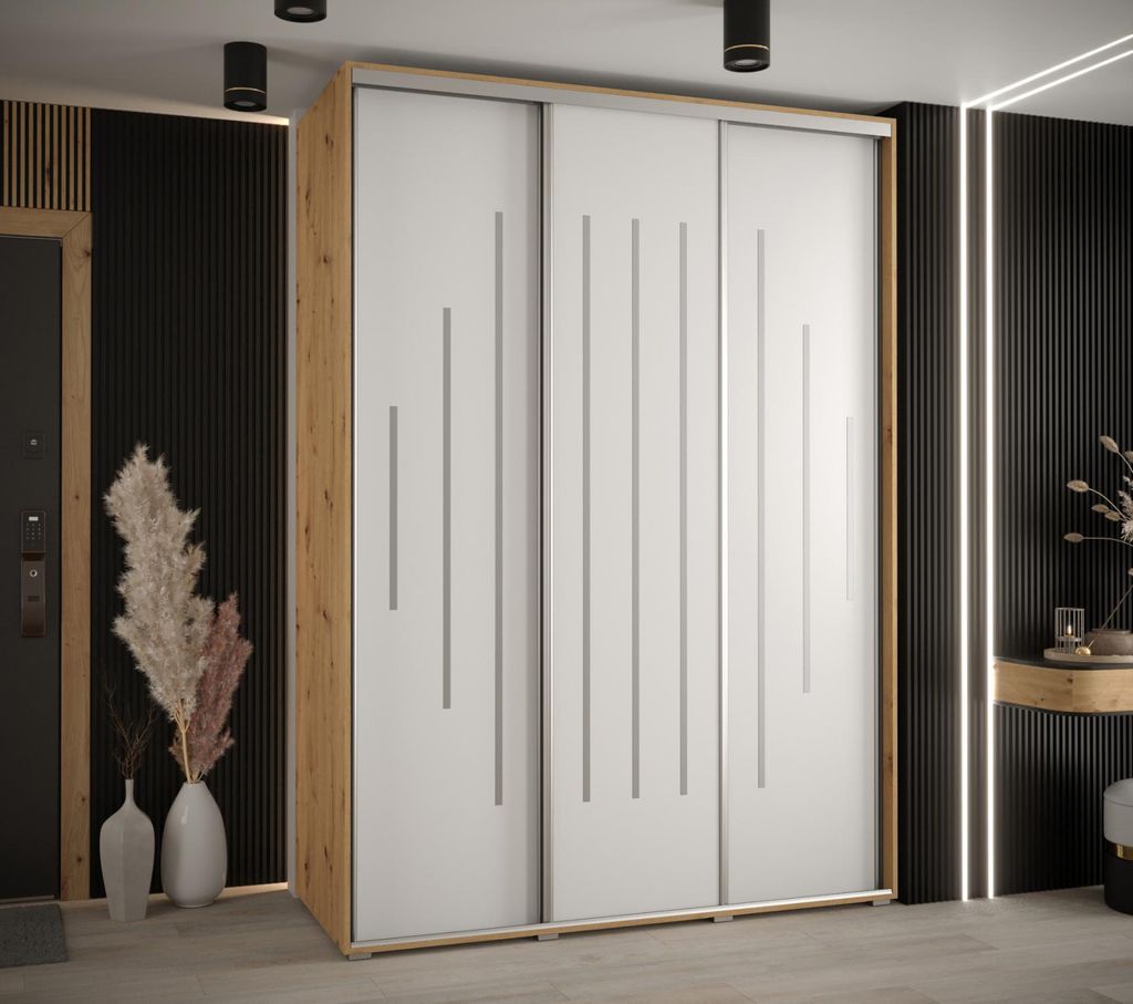 Kleiderschrank YVONA 12 - 180/60 cm, Eiche handwerklich / weiß / silber