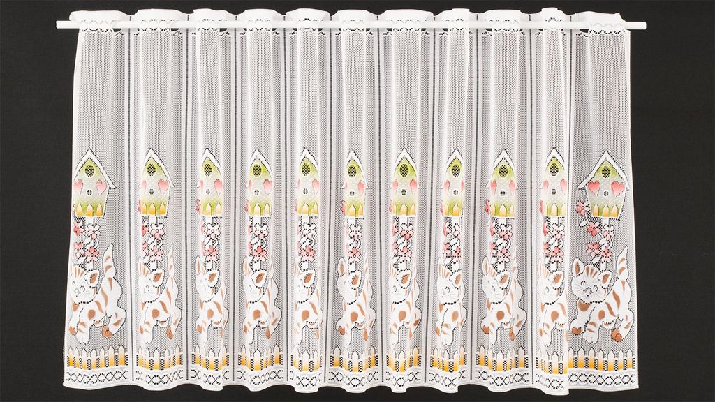 Gardinen Kranzusch Scheibengardine Vogelhaus und Katze 60x630 cm H/B weiß bunt Bistrogardine Vorhang Küche 1er Pack