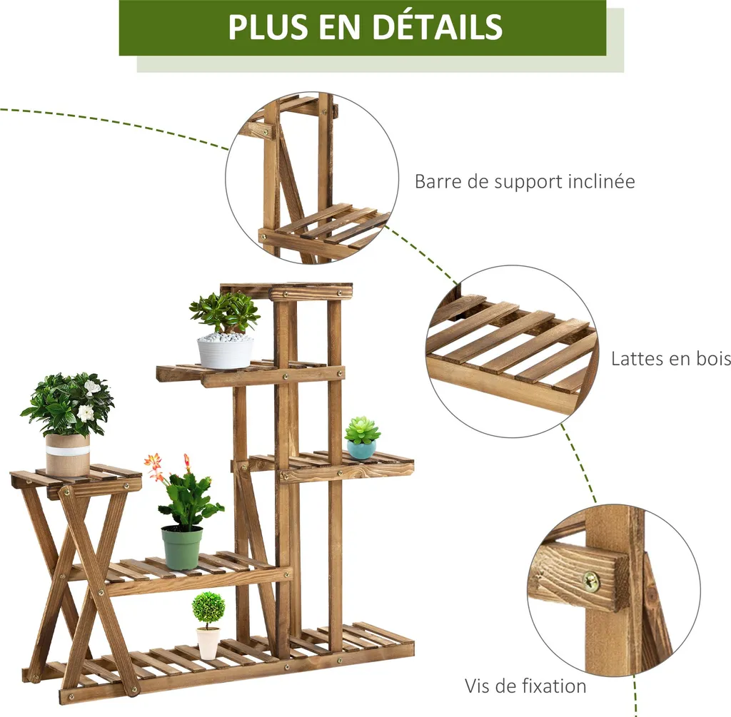 Support fleurs en bois de sapin avec 6 tablettes de rangement vertical - 6