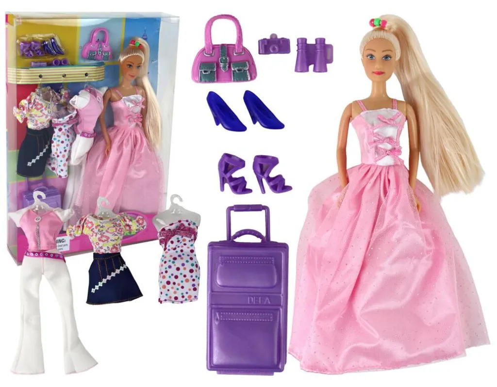 Set de Bagages Rose pour Poupée Lucy avec Motifs Couronne et Paillettes