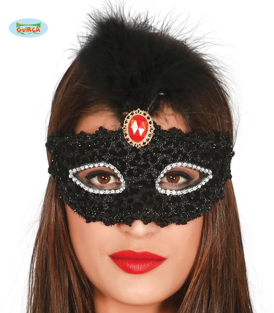 Venezianische Maske in Schwarz mit schwarzen Federn Produktbild 