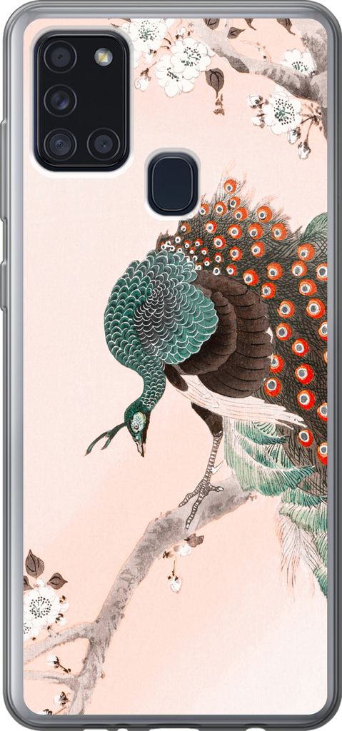 MuchoWow Handyhülle Schutzhülle Hülle für Telefoonhoesje Samsung Galaxy A21s Blüte - Pfau - Federn - Japandi Silikon Softcase Handy Hülle -...