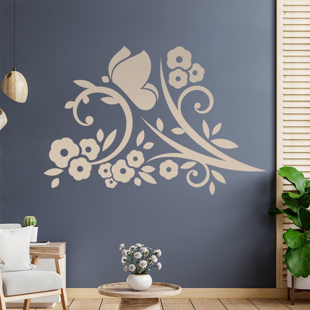 Falter Schmetterling Blüte Wandtattoo in 6 Größen - Wandaufkleber Wall Sticker - Dekoration, Küche, Wohnzimmer, Schlafzimmer, Badezimmer