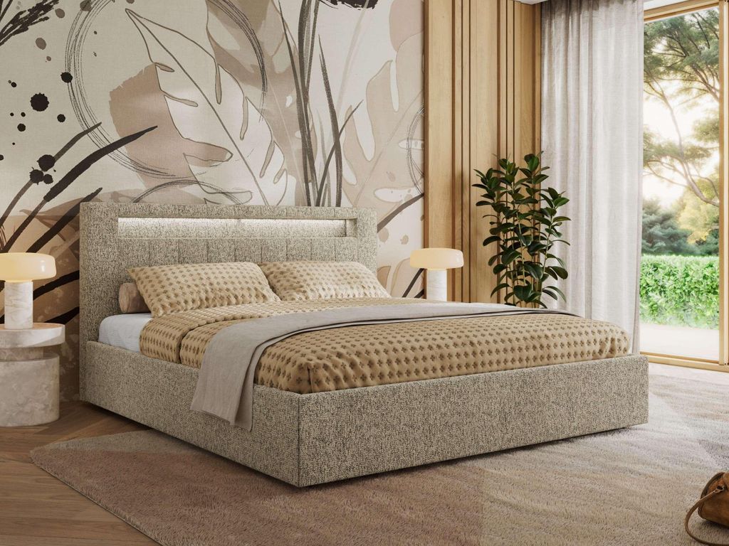 MKS MEBLE Polsterbett Doppelbett mit Holzlattenrost GOLD 5 CLASSIC Bettkasten LED Beleuchtung Gasdruckfeder Pocket Matratze - VIRE LUX 160x200 - Du...