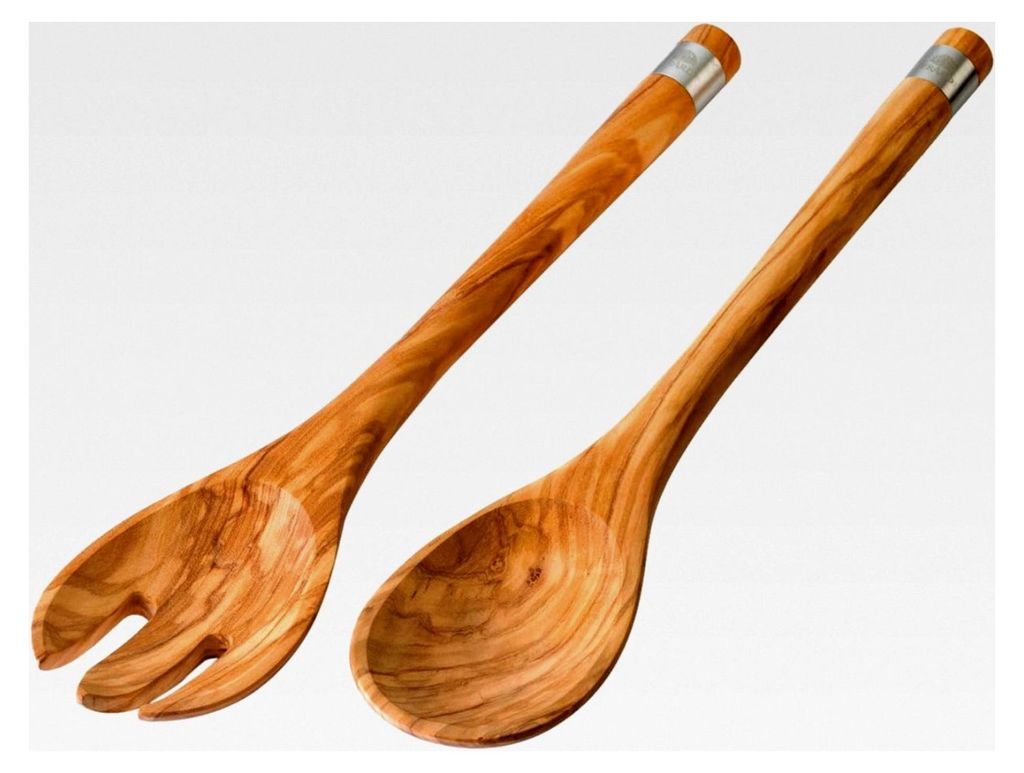 Salatbesteck aus Olivenholz | Handgefertigtes Salatbesteck 35 cm | Holz mit einzigartiger Maserung und Edelstahlband | robust und langlebig | Küch...