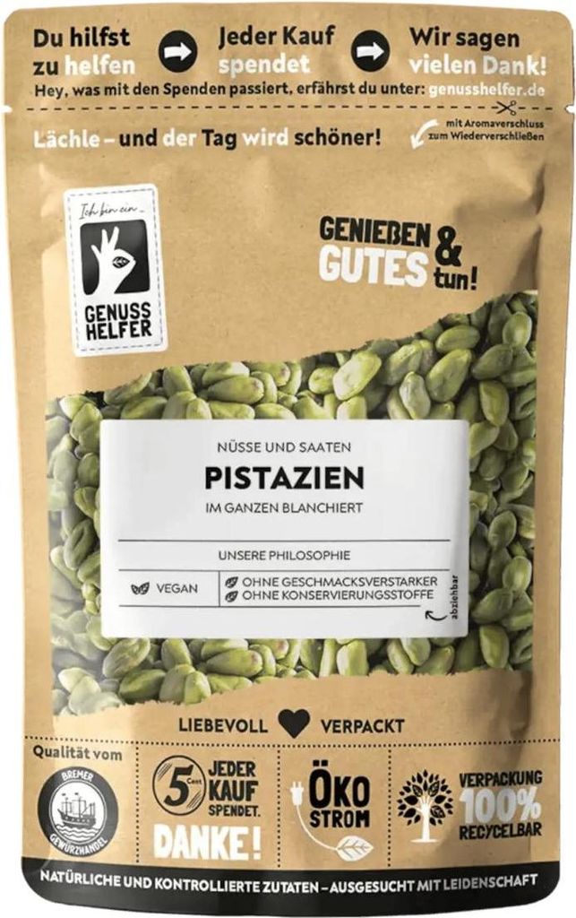 A bag of pistachios with various marketing text and logos.
