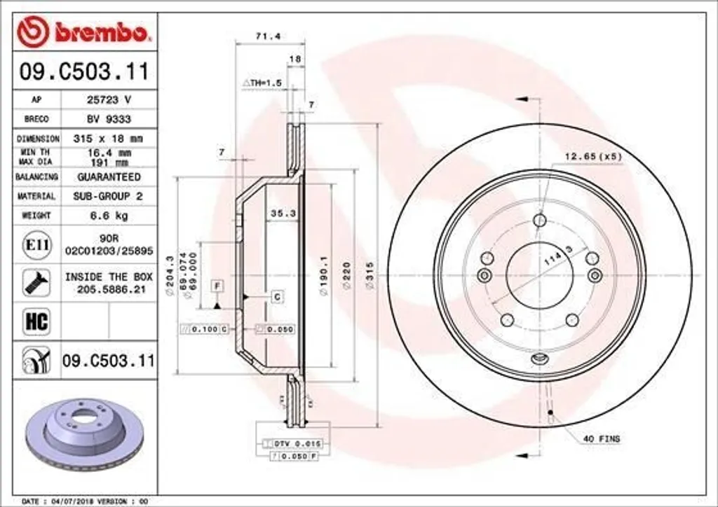Disque de frein ventilé Brembo 09.C503.11 série High Carbon pour Sorento
