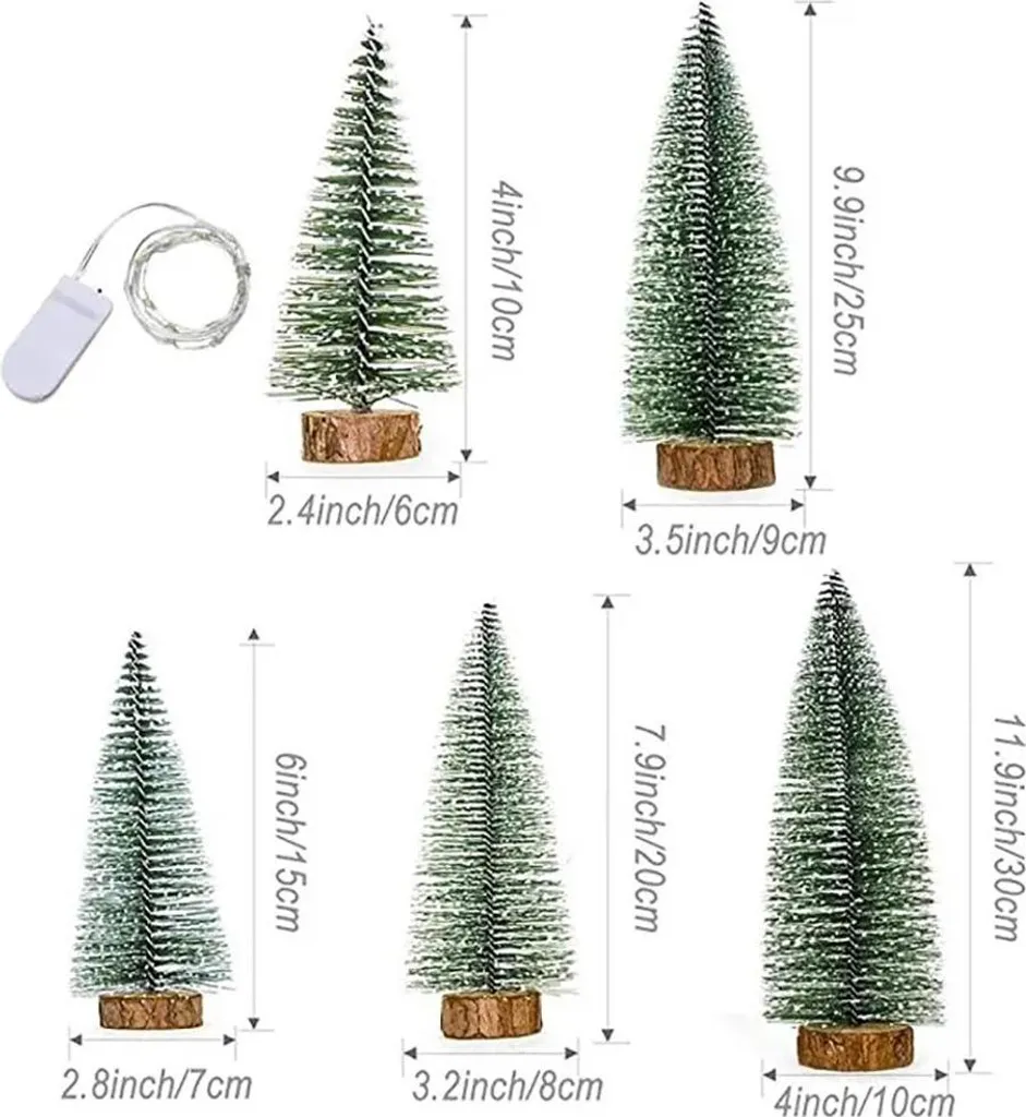 7 Mini Arbres de Noël en Sisal avec Base Bois et LED pour Déco Fêtes