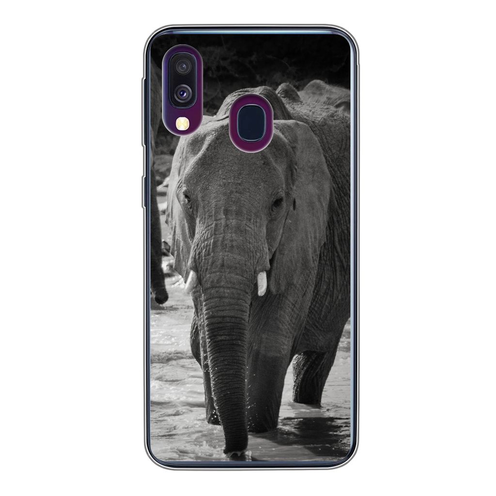 MuchoWow Handyhülle Schutzhülle Hülle für Samsung Galaxy A40 Elefant - Tiere - Wasser - Schwarz und weiß Silikon Softcase Handy Hülle - Han...