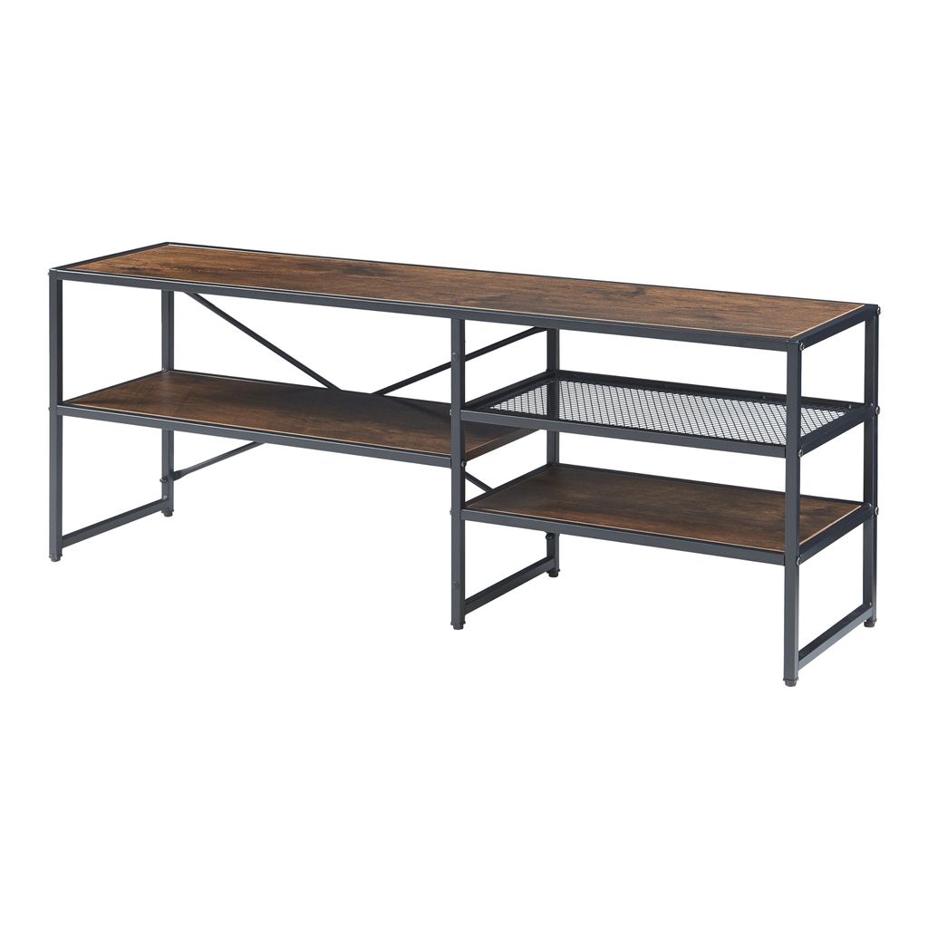 A long, low media console with a dark wood grain top and shelves, supported by a black metal frame. It has multiple shelves and a mesh shelf.