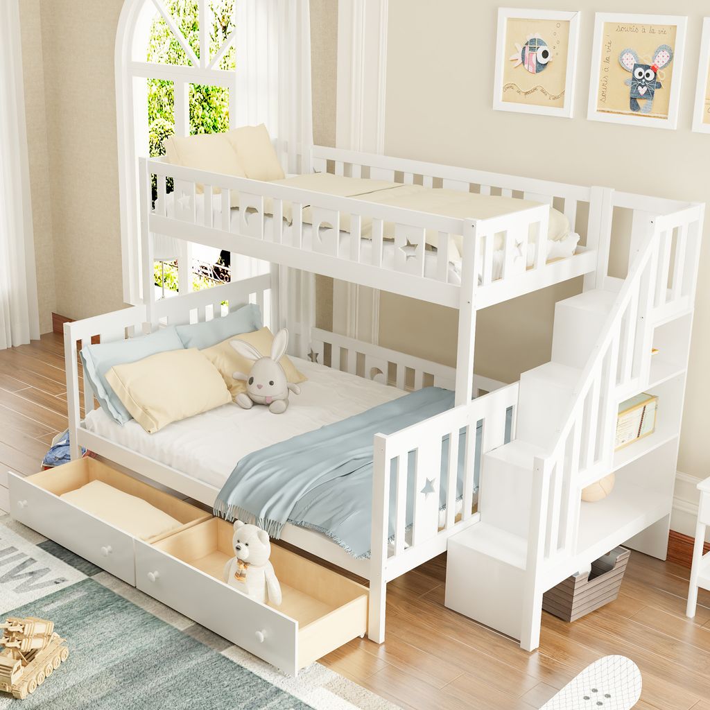 Merax Etagenbett 90x200/140x200cm mit 2 Schubladen und Treppe, Kinderbett mit Rausfallschutz und Lagerregal, Kieferholzbett Stockbett Hausbett Juge...
