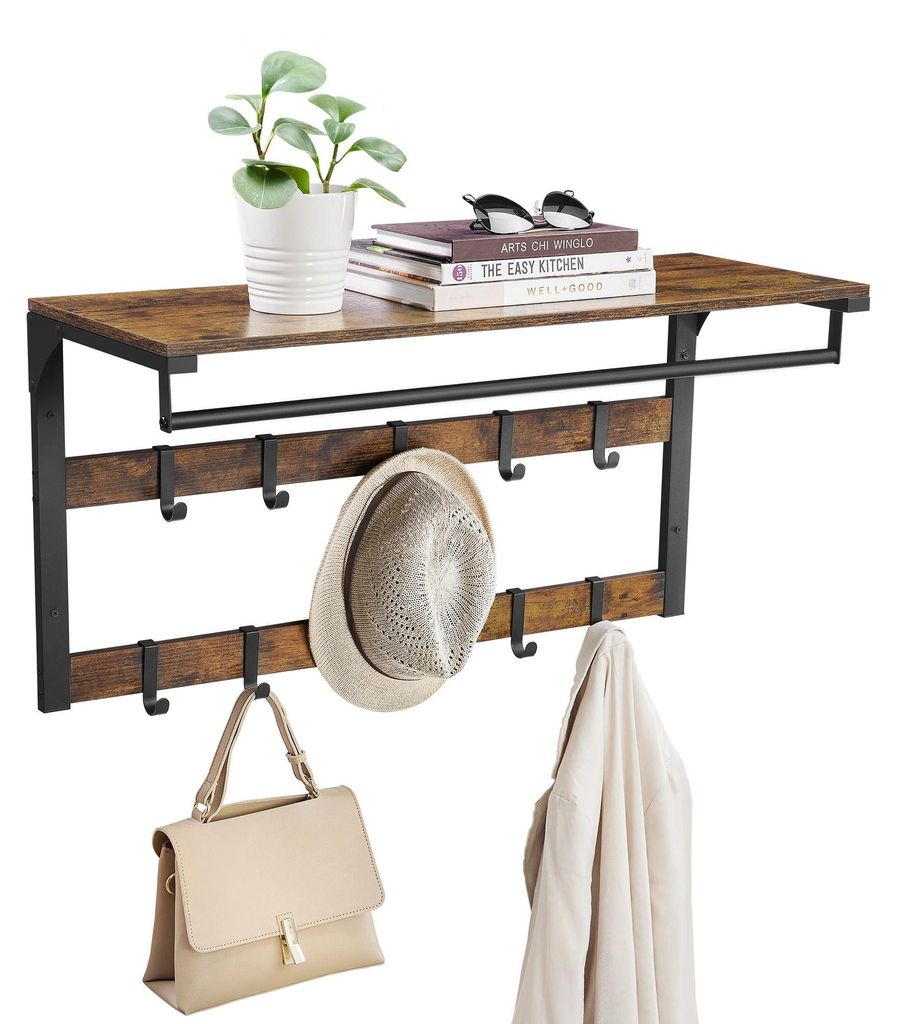 Wandgarderobe mit Ablage - Garderobenleiste - 10 abnehmbare Haken - Wandmontage - Montage erforderlich - Vintage Braun + Schwarz