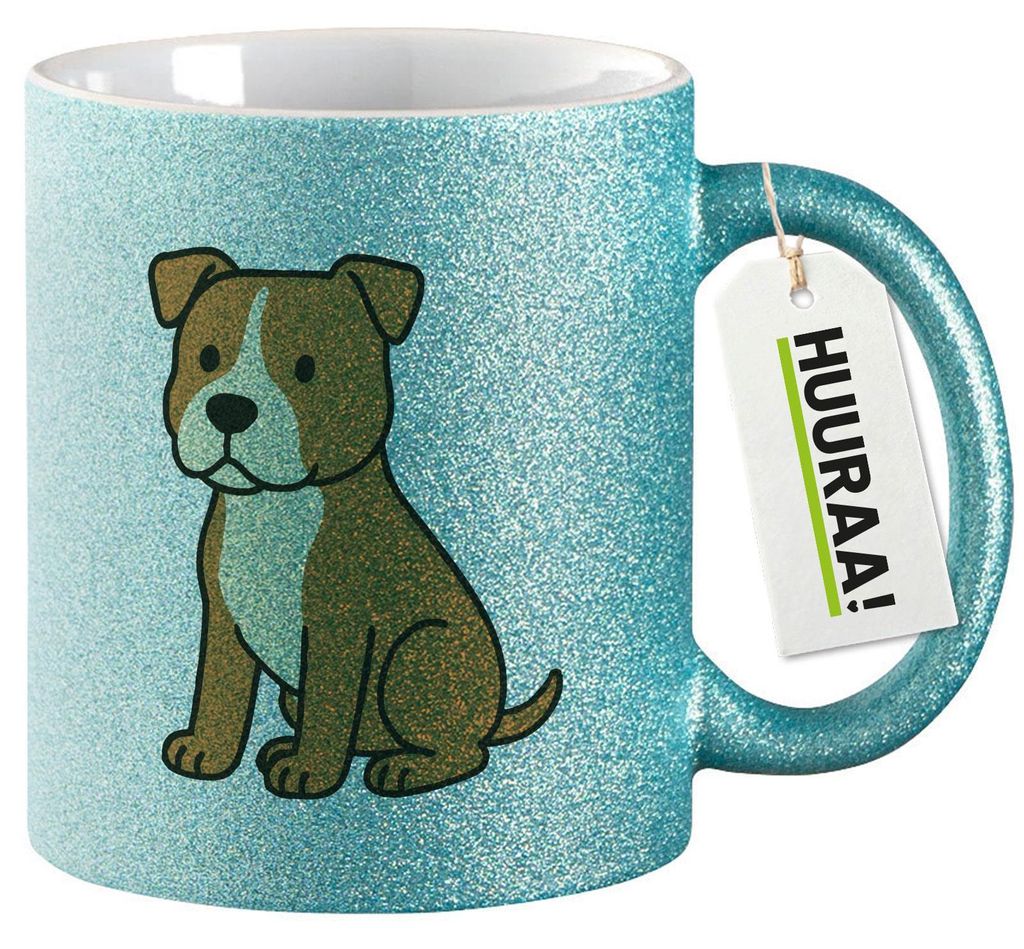Huuraa Glitzertasse American Pit Bull Terrier Comic Pitty 330ml Blau Keramik Kaffeebecher Geschenkidee