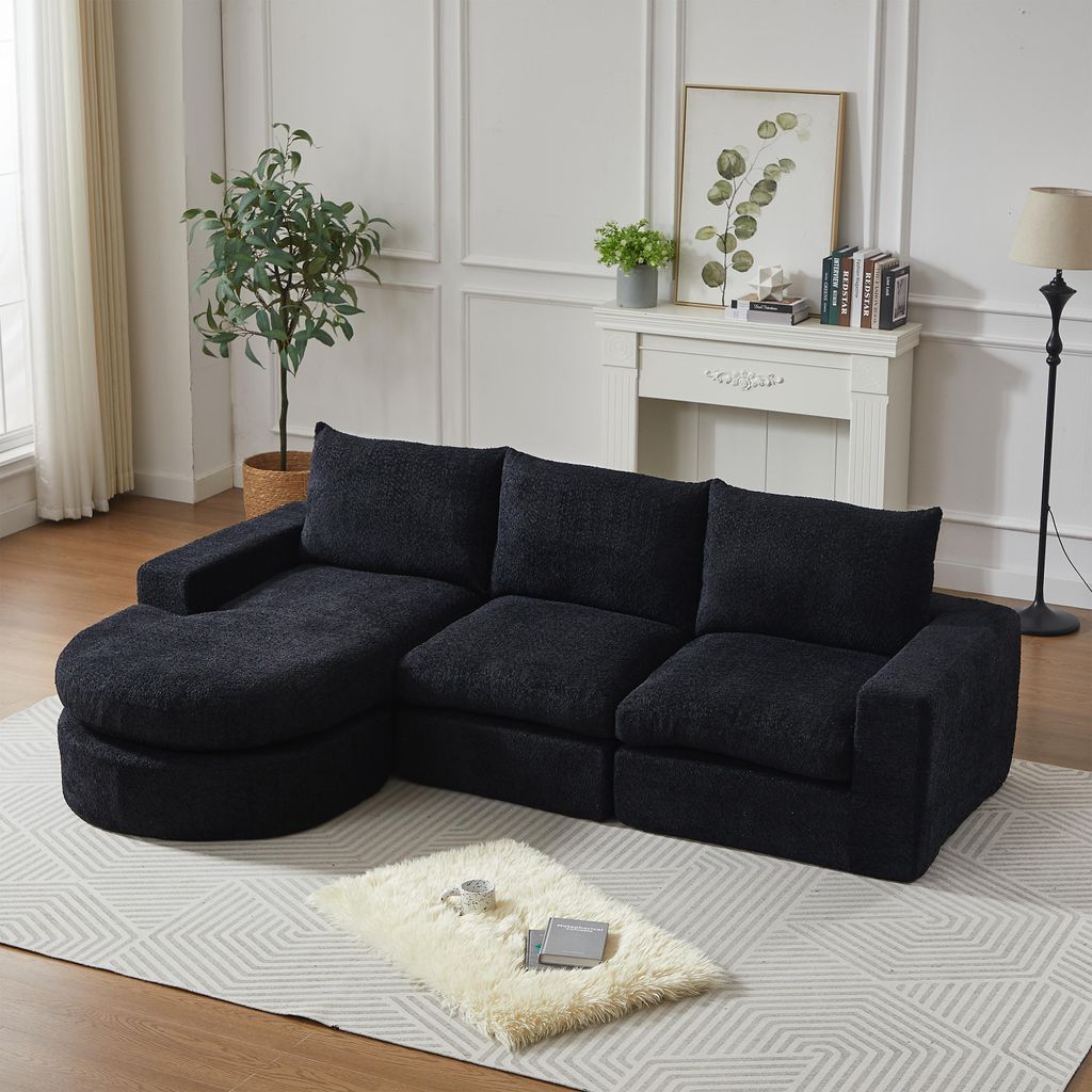 Chenille-Sofa mit gebogenen Elementen & Liegestuhl, vollständig komprimiert & ohne Gestell, modulares Kombinationssofa L-Form, Schaumstoff-Kompres...