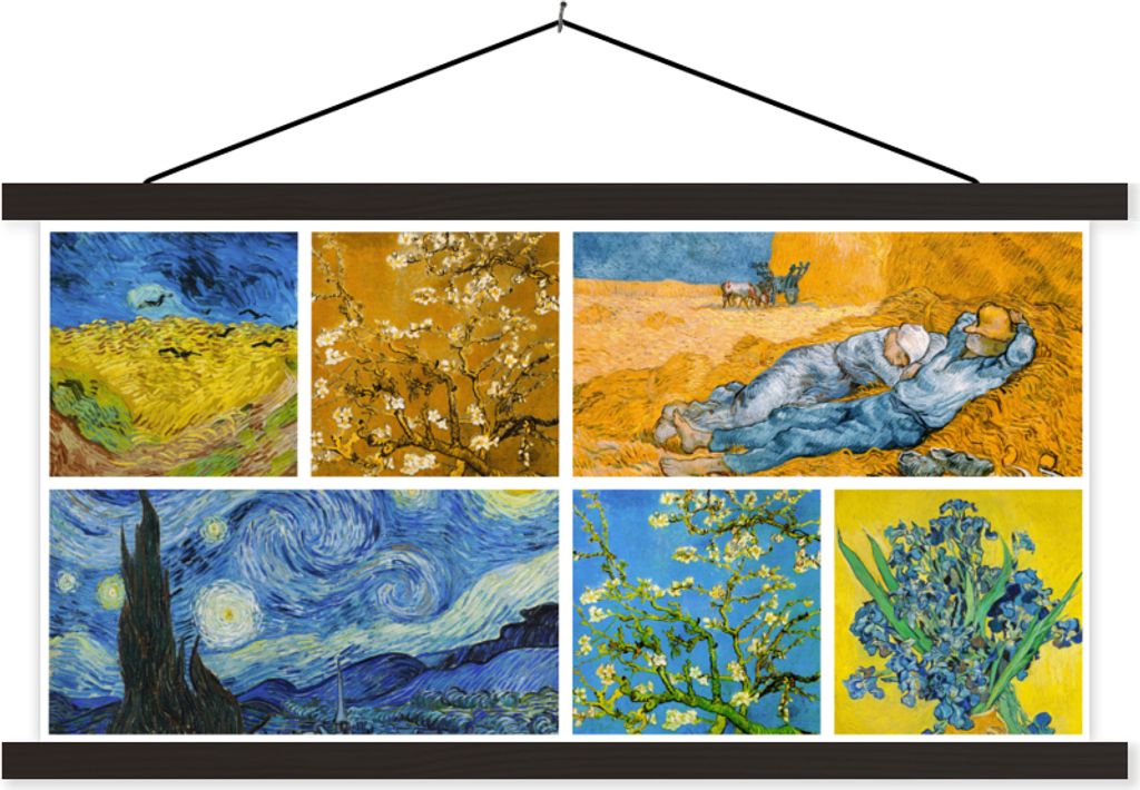MuchoWow Textilposter Van Gogh - Collage - Sternennacht 60x30 cm mit schwarzem Rahmen - Textilien