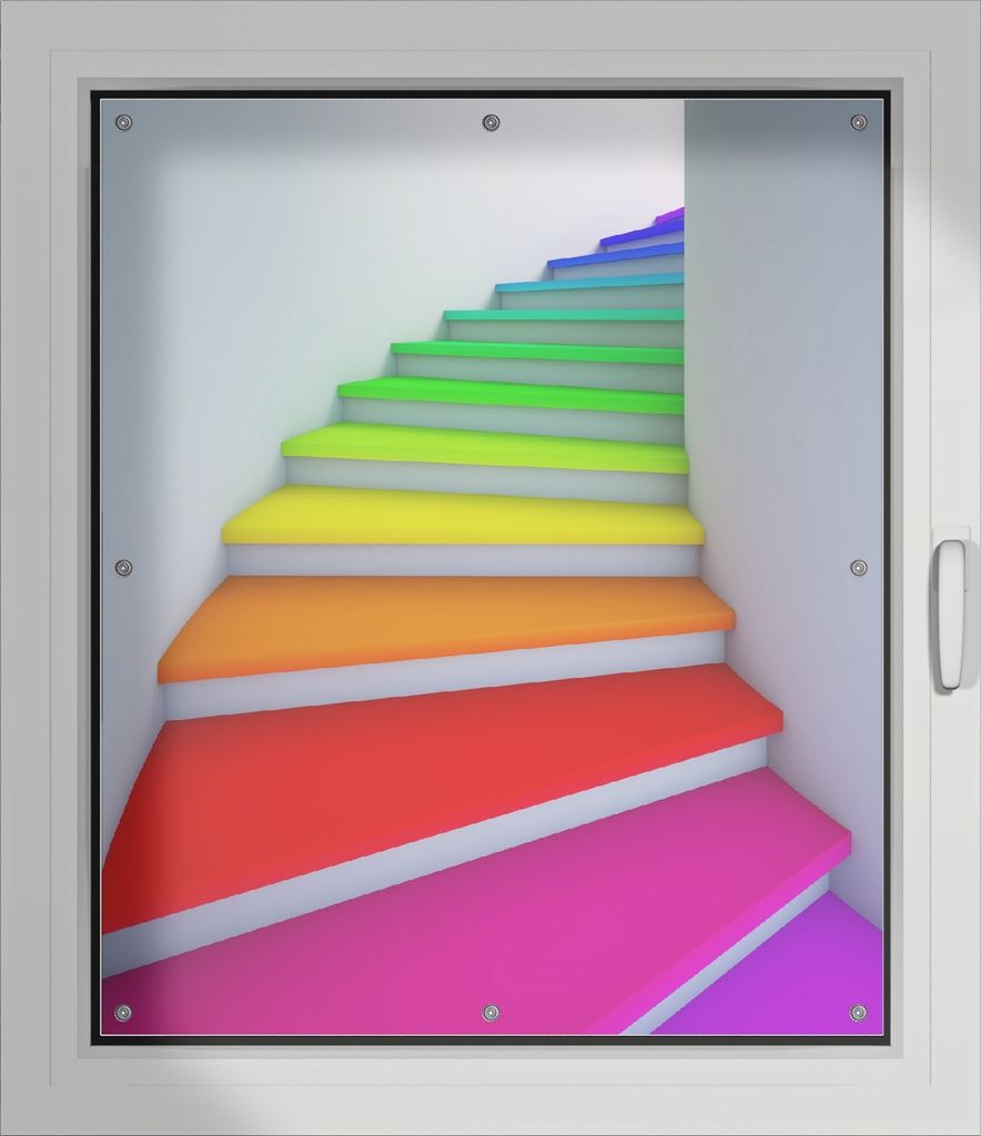 Wallario Lichtschutzbild, Dekorativer Sichtschutz Sonnenschutz 96 x 115 cm mit Motiv: Bunte Treppe - Verdunklung ohne Bohren
