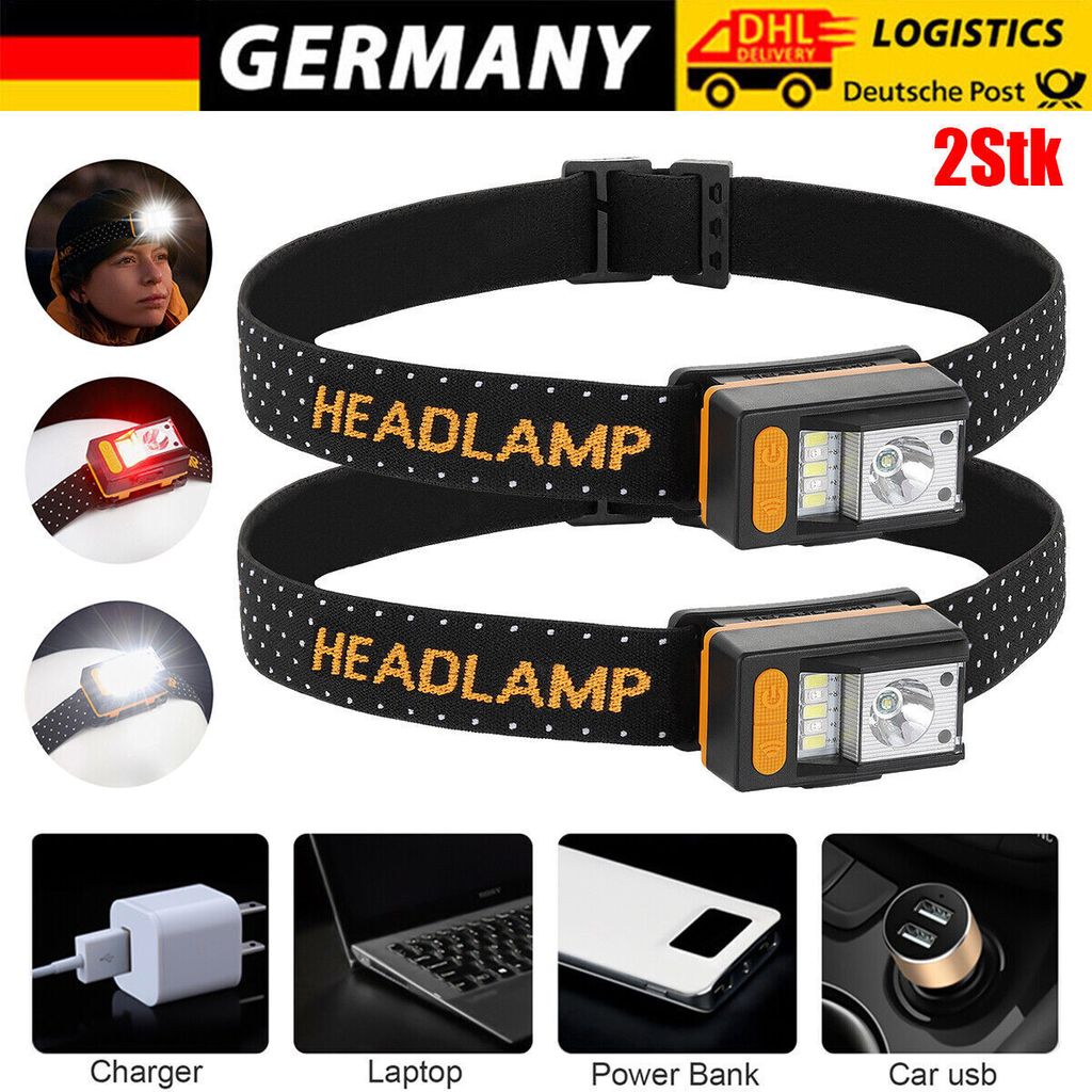 2X LED Stirnlampe USB-C Wiederaufladbar Rotlicht Kopflampe & 7 Lichtmodi Camping