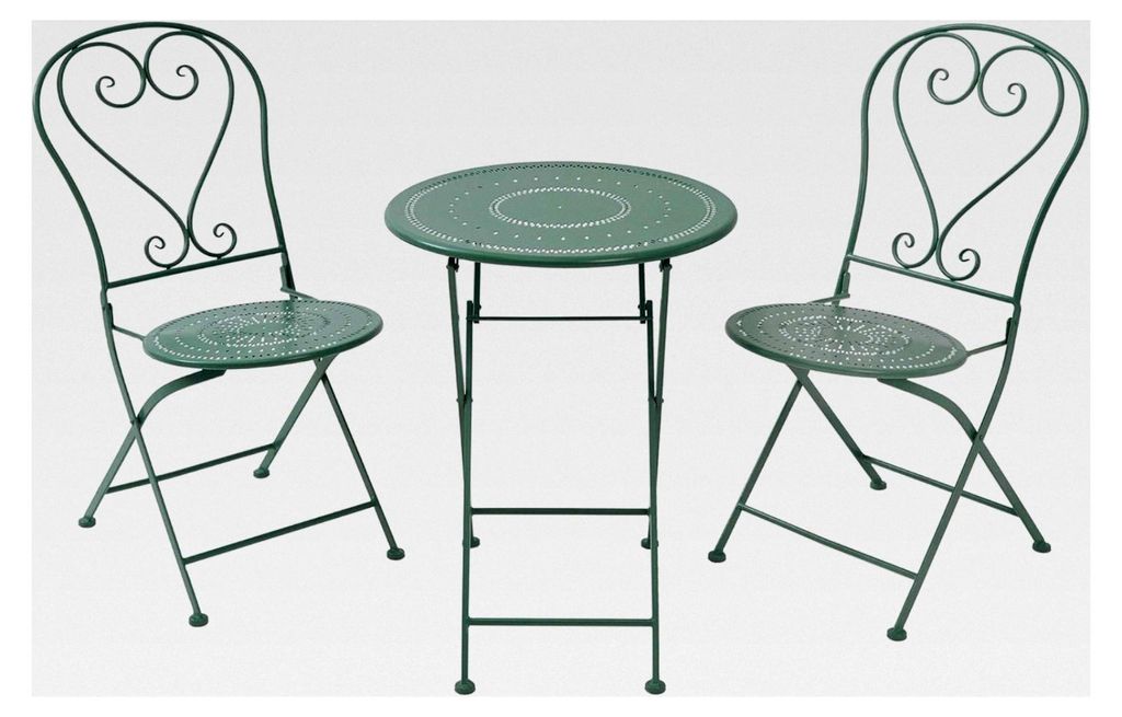 Gartenmöbel 3er Set (Zwei Klappstühle und runder Tisch) - Möbelset aus Stahl in Salbei für 2 Personen | Wetterfeste Möbel für Balkon, Terrass...