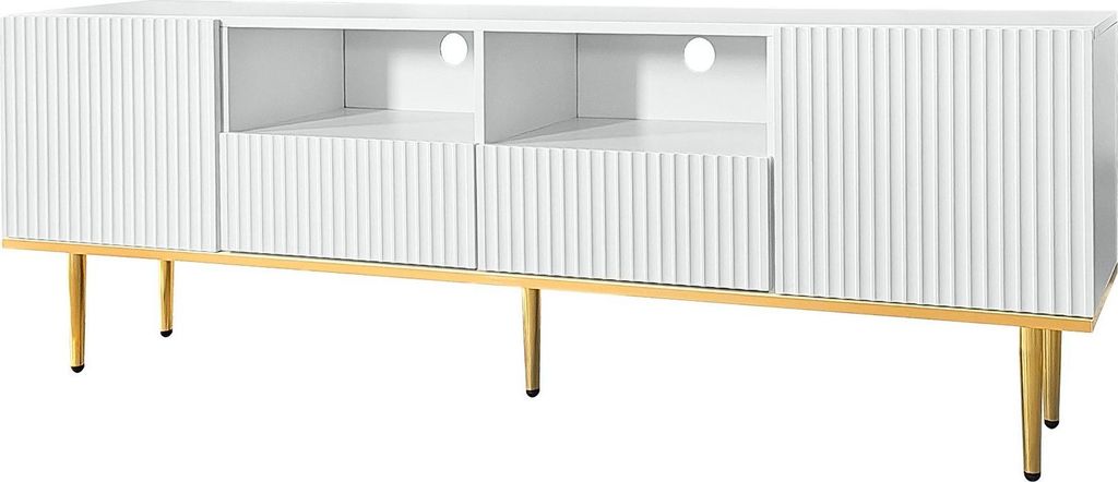 TV-Schrank TV-Moebel mit goldenen Fuessen und goldenem Rand Wohnzimmerschrank Weiss Schliessfach Mit 2 Schubladen 2 Tueren und 2 offenen Regalen