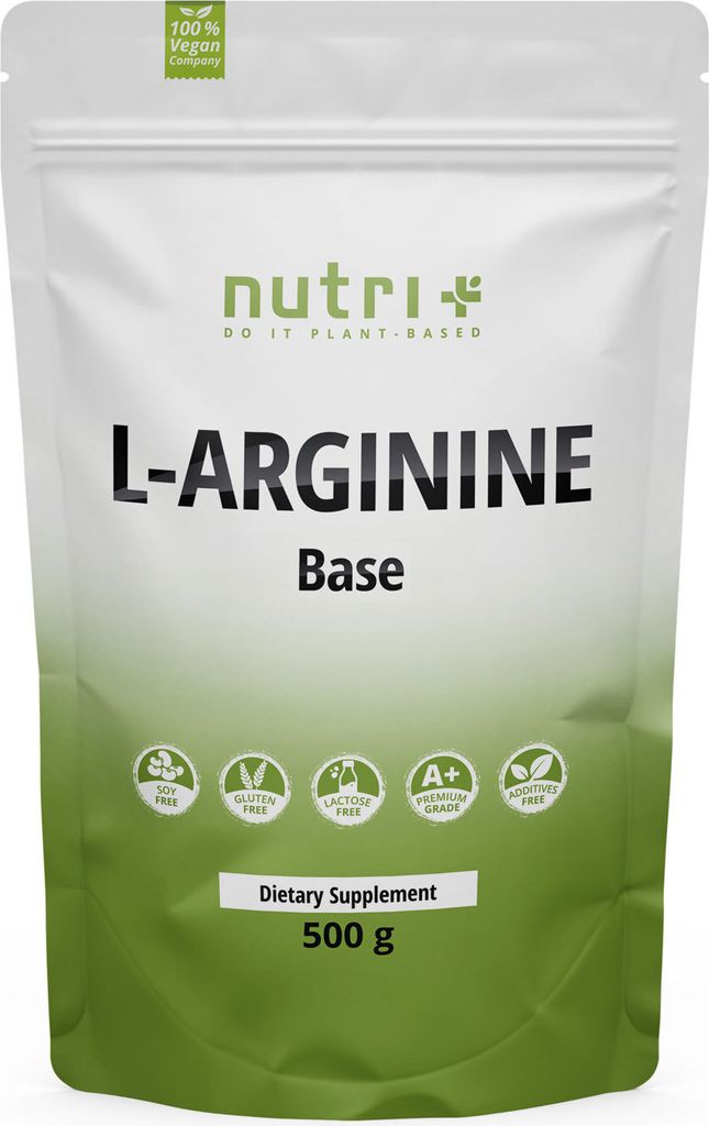 nutri+ L-Arginin Base Pulver | 500 g | mit Vitamin B12 | ohne Zusätze & Geschmacksstoffe | vegan