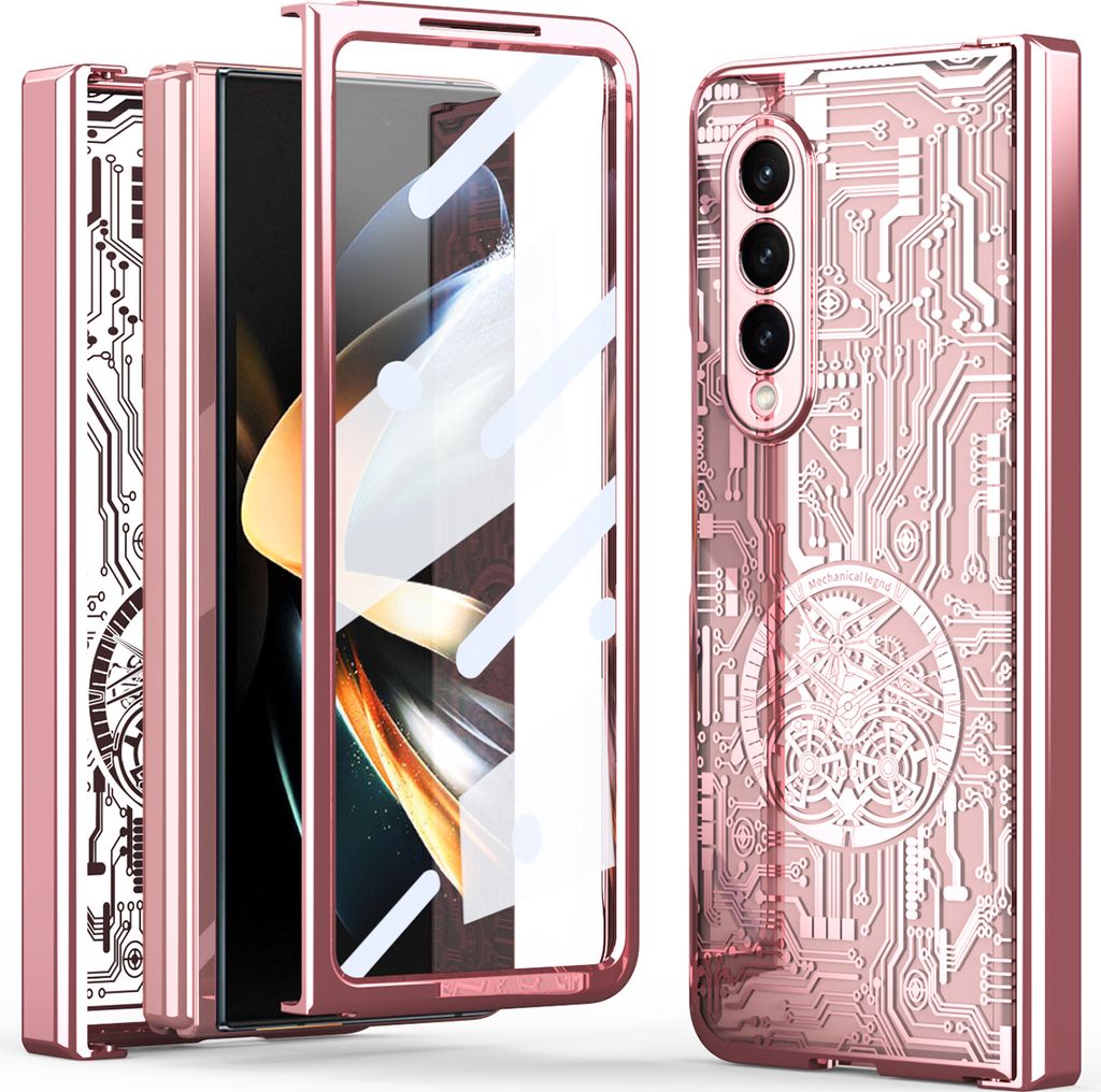 Galaxy Z Fold4 Hülle, Luxus Galvanisierte Charnierschutz Kristallklare Schutzhülle mit Displayschutzfolie für Samsung Galaxy Z Fold 4 5G Pink