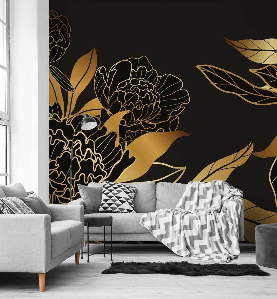 Fototapete Blumen schwarz gold, Material:Superior Vlies 350g/qm, Größe Tapete:390 x 260cm