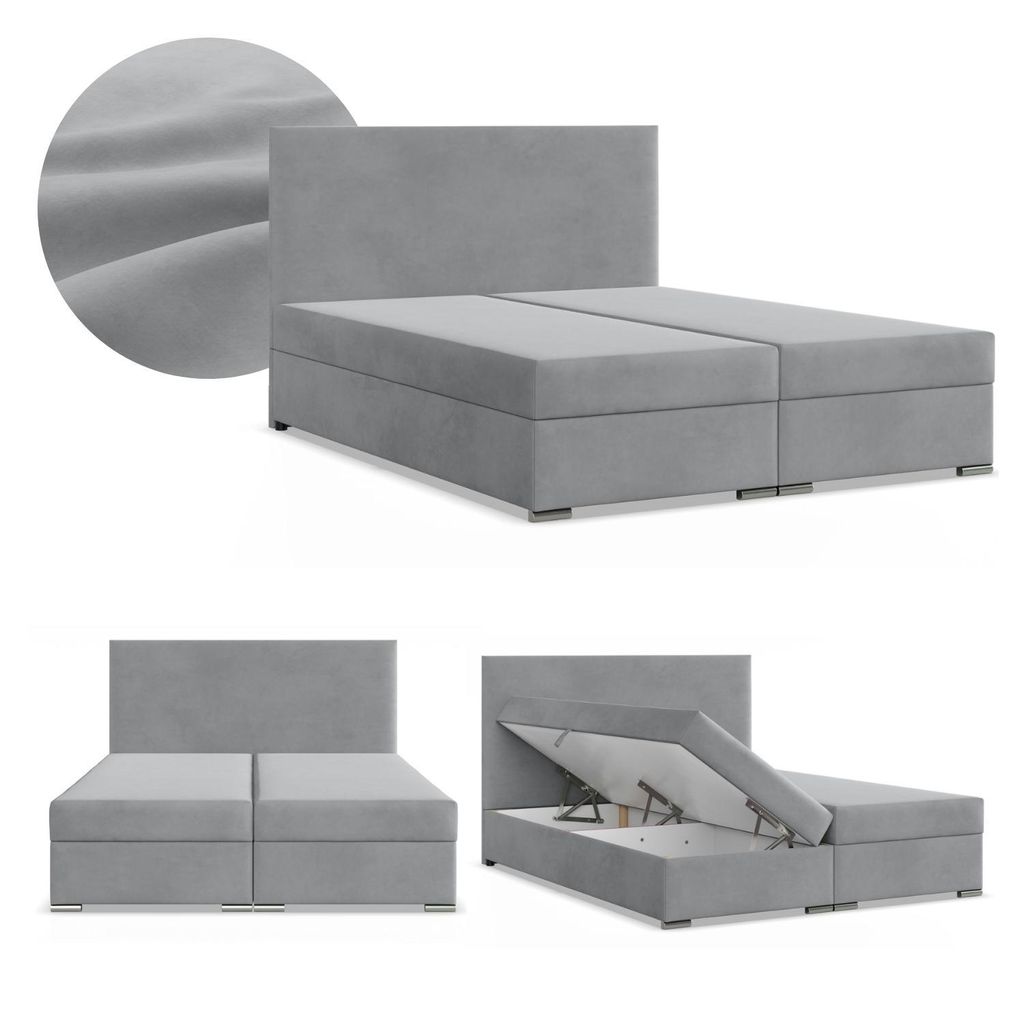 Boxspringbett 160x200 mit 2 Bettkästen, Kontinentales Bett mit Bonell Matratze, Doppelbett mit Kopfteil, Samtstoff Grau, Hellgrau, ZONZA 160 x 200