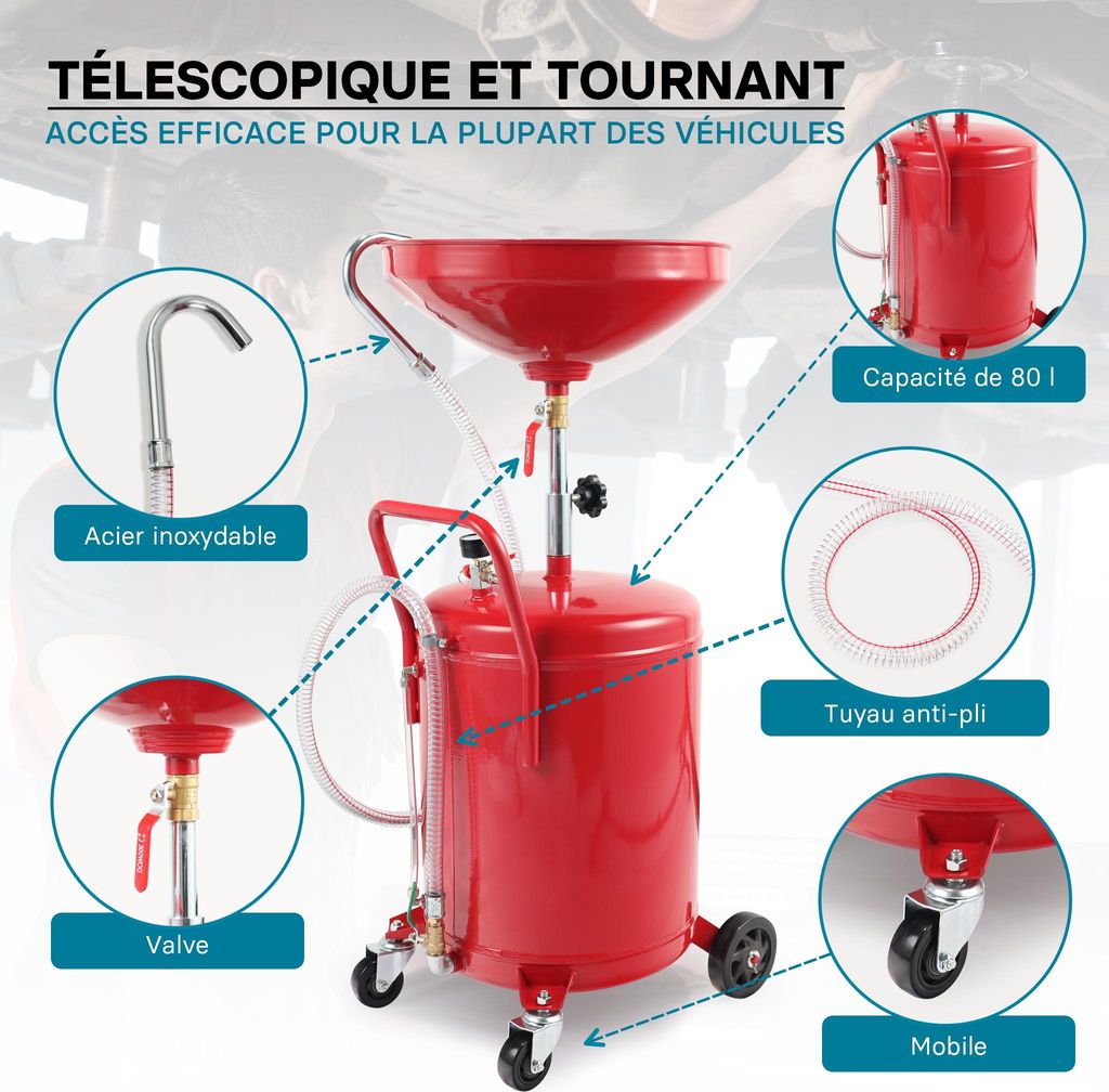 Appareil Récupérateur huile pneumatique Mobile 80L Hauteur Image du produit 