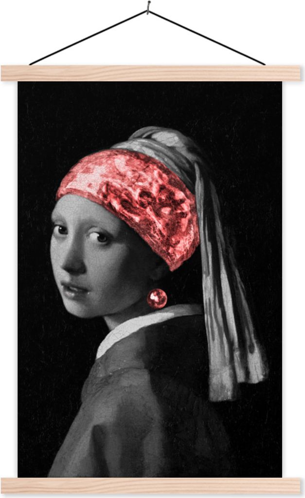 MuchoWow Textilposter Das Mädchen mit dem Perlenohrring - Johannes Vermeer - Rot 40x60 cm mit holzfarbenen Rahmen - Poster