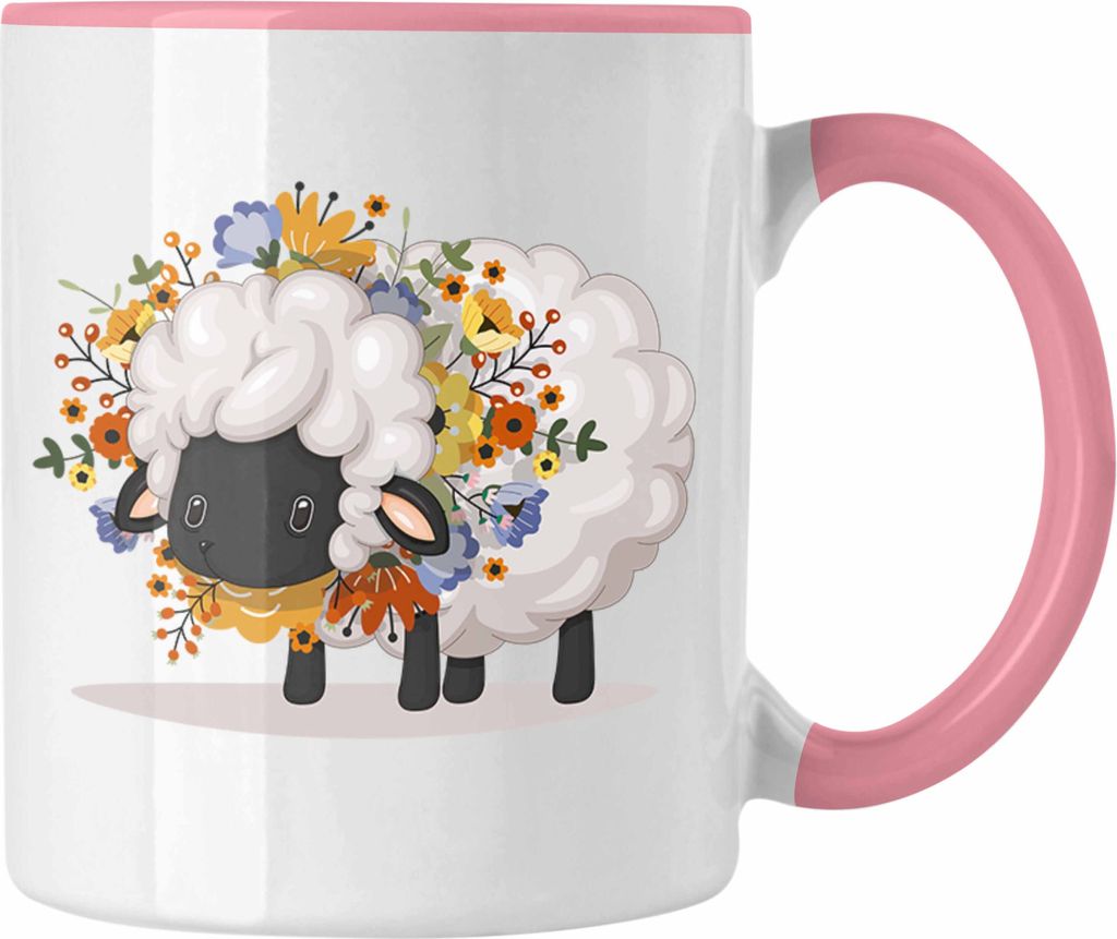 Trendation - Schaf mit Blumen Tasse Geschenk Grafik Süße Schaf Tasse Geschenkidee Schafliebhaber (Rosa)