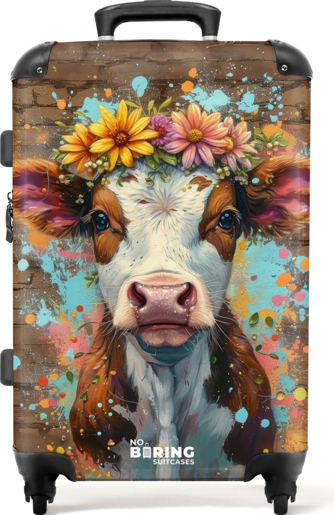 NoBoringSuitcases.com Großer Koffer - Graffiti-Kuh mit bunten Blumen - Kombinationsschloss TSA - Hartschalen Trolley 4 Rollen - 72 liter - Reise...
