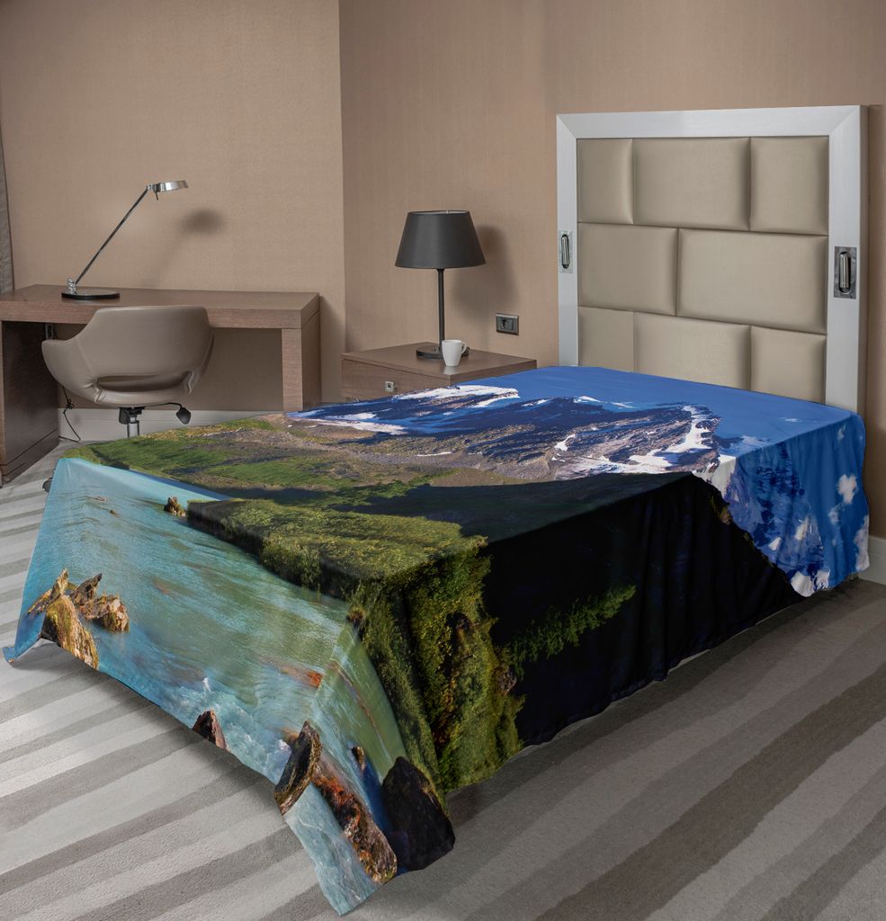 ABAKUHAUS Landschaft Bettlaken, Schnee Mountaintop Geschäftigen Fluss Pinien Bäume Wolken Sträucher, weiches bequemes oberes Bettlaken für ein ...