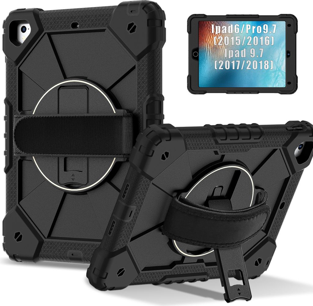 Hülle für iPad 9,7 6th/5th Gen 2018/2017 Tablette Schutzhülle Stoßfeste mit 360 Drehbarer Handschlaufe/Ständer Schwarz