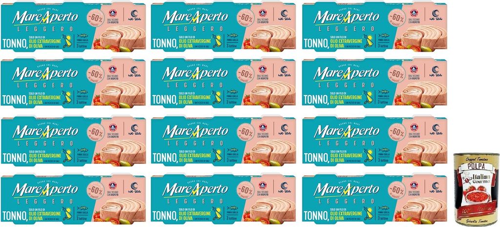 12x Mare Aperto Tonno Leggero,Thunfisch, nur mit einem Schuss nativem Olivenöl extra und einer Prise Salz ( 3 x 60g Dose) + Italian Gourmet Polpa ...