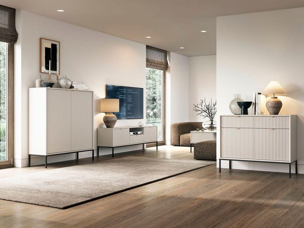 Wohnzimmer Set 4-teilig – Kommode – Couchtisch – TV Lowboard – Hochkommode / NOVA – Kaschmir – Warmes Wohnensemble mit eleganter Rillen...
