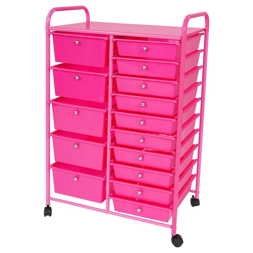 Rollwagen mit 15 Schubladen 63*38*96 cm Servierwagen für Büro Küche Dunkelrosa