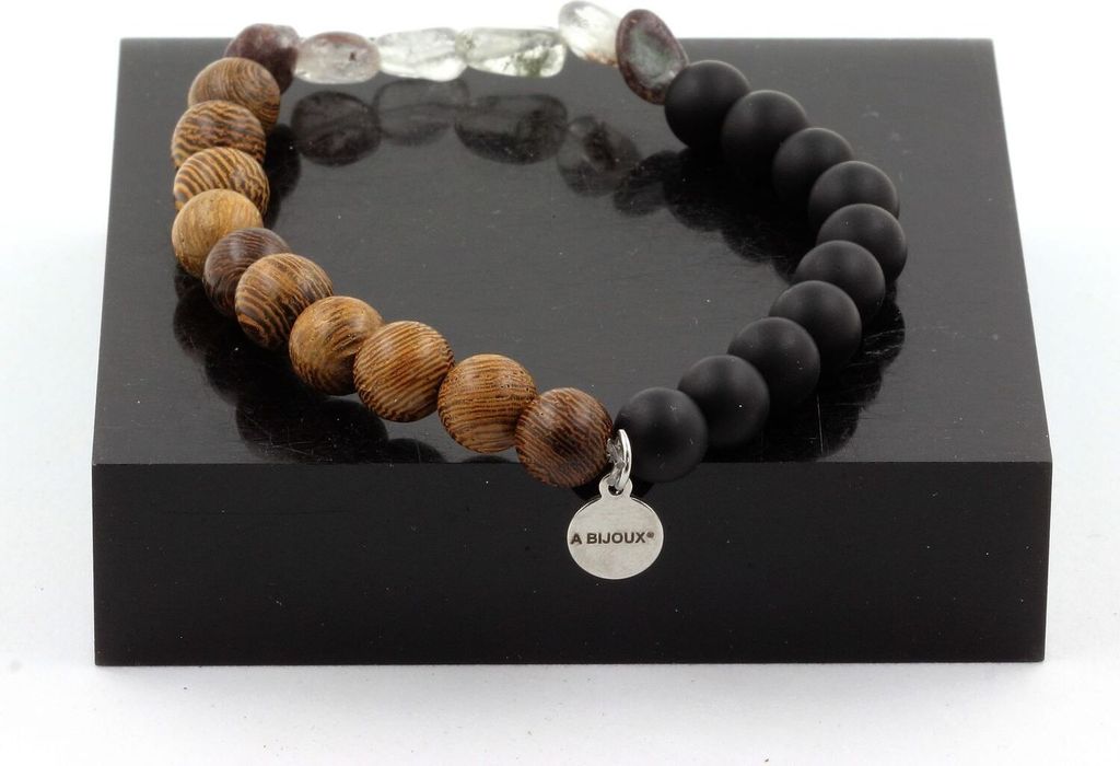 Grünes Phantomquarz-Armband aus Brasilien + mattschwarze Onyxperlen + Holz 8 mm