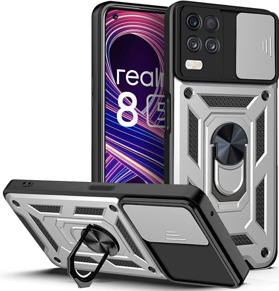 Realme 8 5G Hülle mit Ring Ständer Halter Dia Kameraschutz TPU Bumper Silikon Schutzhülle für OPPO Realme 8 5G Silber