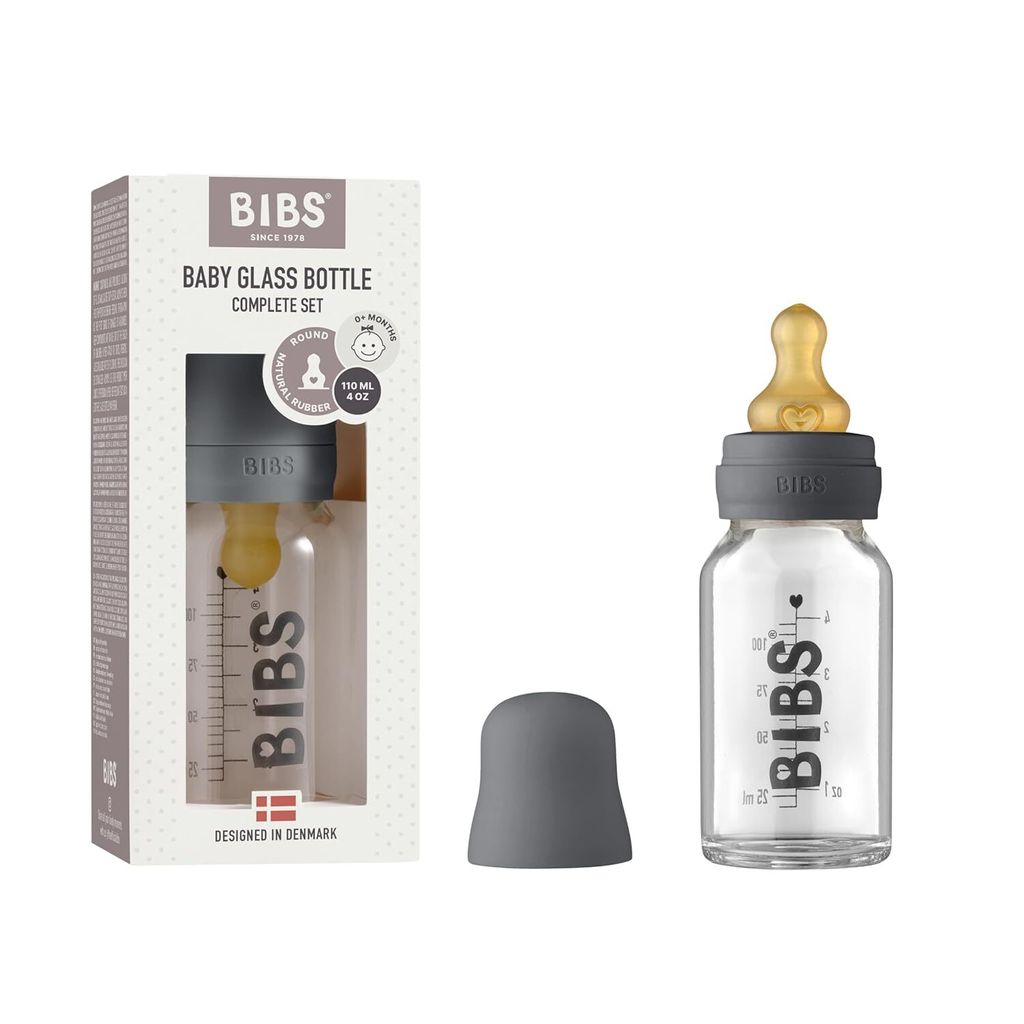BIBS Baby Glass Bottle 110ml, Vermindert Koliken, Runder Sauger aus Naturkautschuklatex, Unterstützt das Stillen. Hergestellt in Dänemark, Comple...