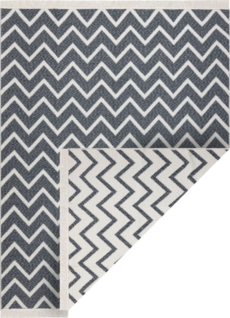 Teppich TWIN 23002 ZigZag, Baumwolle, doppelseitig, Ökologische Fransen - anthrazit / creme Grau 80x300 cm