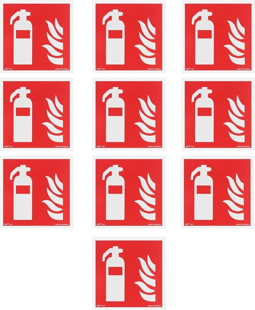 notlok Safety Work - 10x - Brandschutzschild - Feuerlöscher - 15x15cm | PVC Platte + Schaumstoffklebeband | Feuerlöscher Schild Nachleuchtend