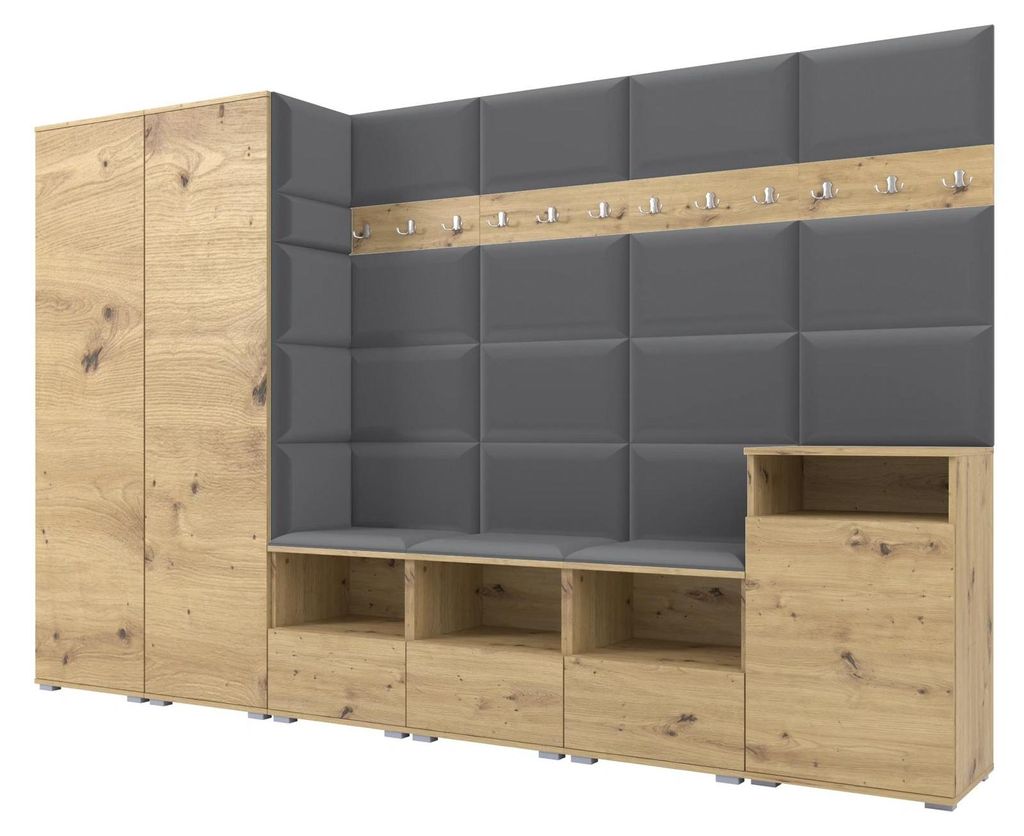 Garderobe NELA XII 300 cm Modulare Flurmöbel Artisan Eiche mit Sitzpolster Dunkelgrau 15 (Gigantisches Set)