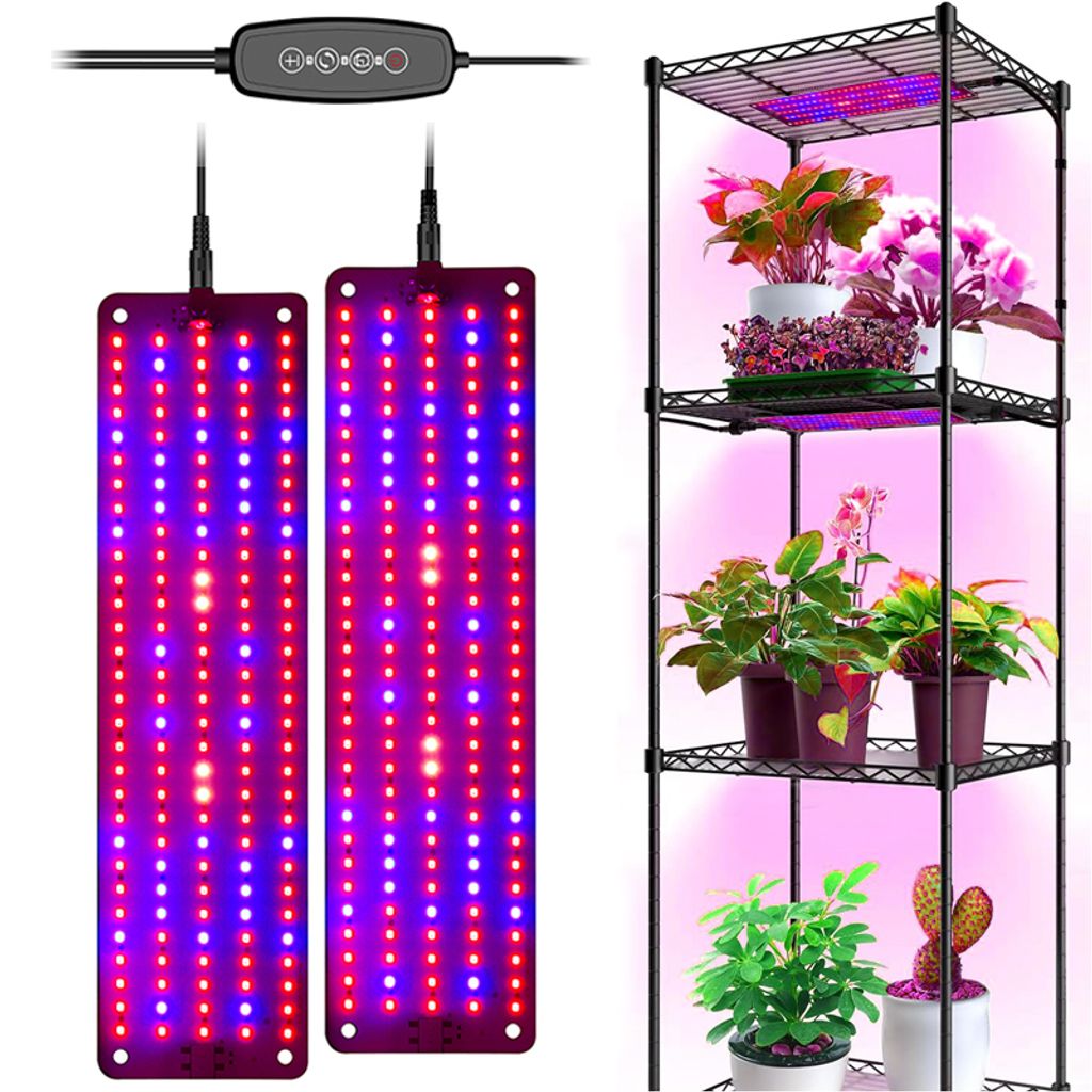 A product image showing two LED grow light panels and a four-tier shelving unit with plants under grow lights.