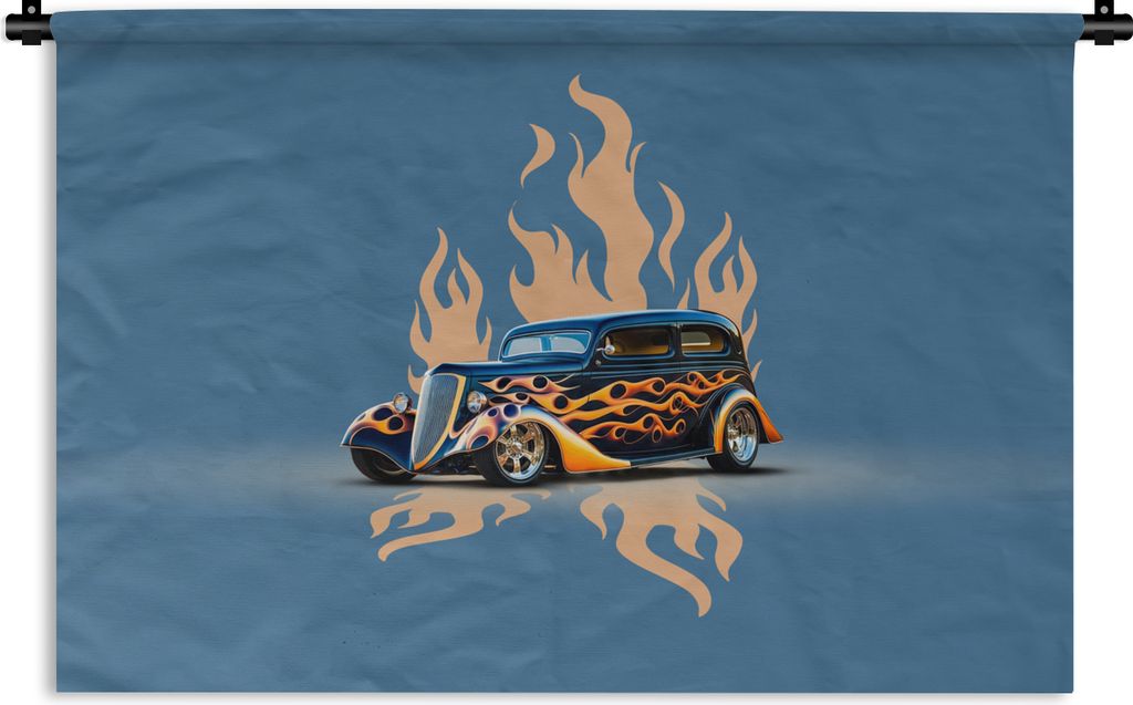 MuchoWow Wandteppich Wandbehang Auto - Oldtimer - Blau - Flammen 150x100 cm Tapisserie Dekoration Wandtuch - Waschbar - Tapisserien - Wand-Decke