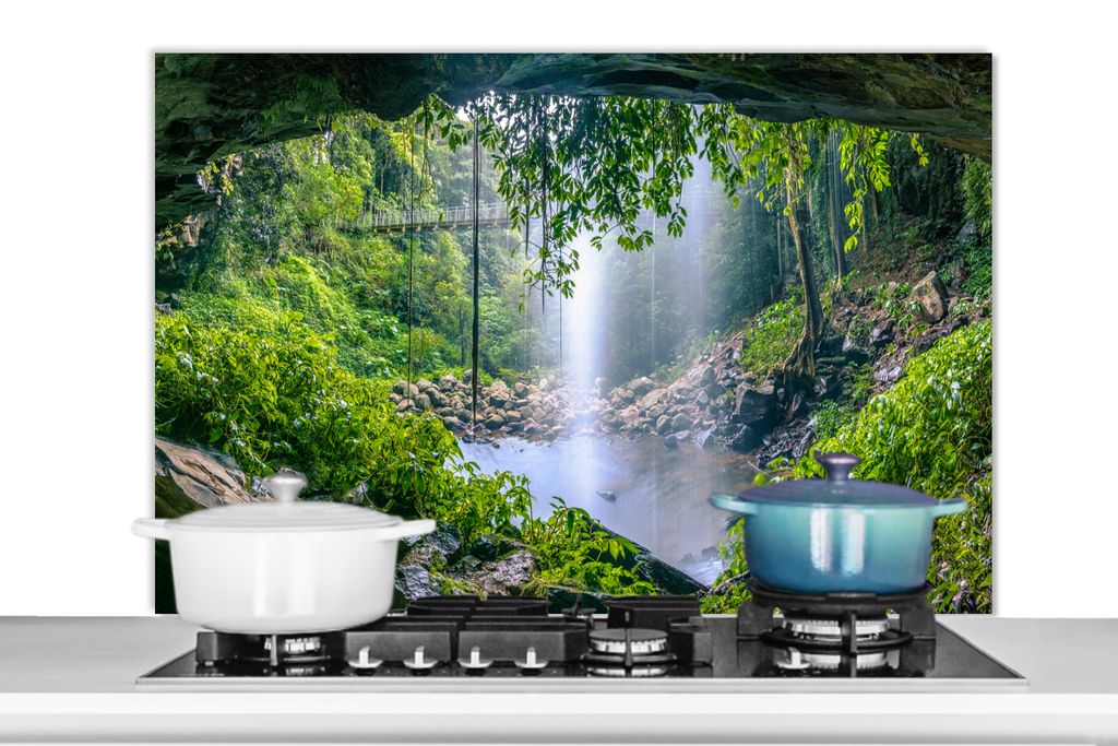 KitchenYeah Spritzschutz Küche - Küchenrückwand - Wandschutz für Herd und Spüle - Dschungel - Regenwald - Wasser - Wasserfall - Pflanzen 100...